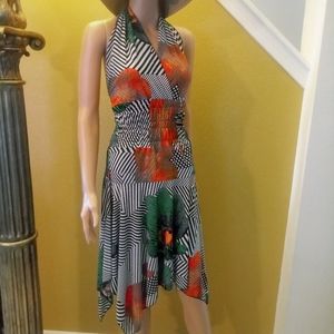 Floral print black and white striped halter dress